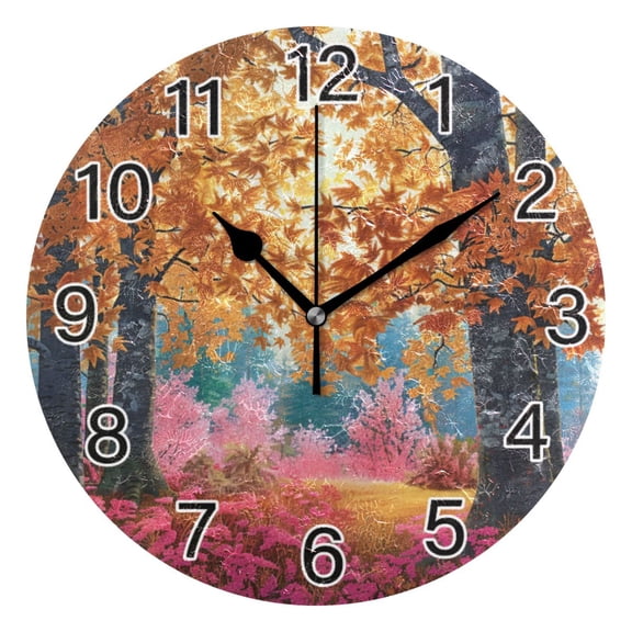 Ryvnso Autumn Maple Leaf Forest Wall Clock Non Ticking Silent Kitchen Clock Battery Operated Clocks 10 inch