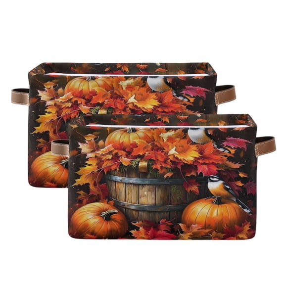 Ryvnso Autumn Pumpkins Leaves Birds Storage Basket Large Bin Foldable Boxes Toys Organizer 14.2x10.2x8.3in 2 PCs