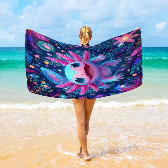 Ryvnso Axolotl in Magic Flowers Beach Towel Quick Dry Swimming Yoga Beach Towels Large Sand Free Microfiber Towel 31"W x 71"L