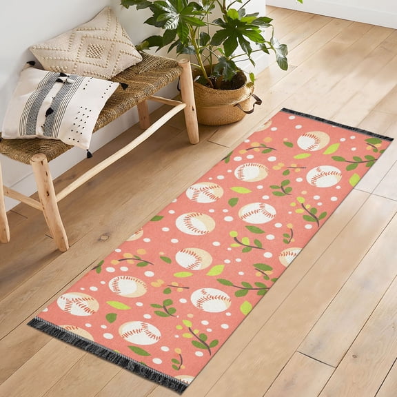 Ryvnso Baseball Leaves Bedroom Runner Rug 2'x6' Hallway Area Carpet Non Slip Entryway Mat with Tassels
