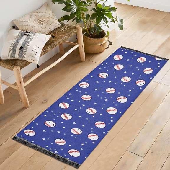 Ryvnso Baseball and Star Bedroom Runner Rug 2'x6' Hallway Area Carpet Non Slip Entryway Mat with Tassels