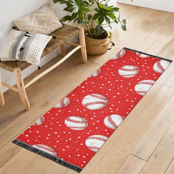 Ryvnso Baseball on Red Bedroom Runner Rug 2'x6' Hallway Area Carpet Non Slip Entryway Mat with Tassels
