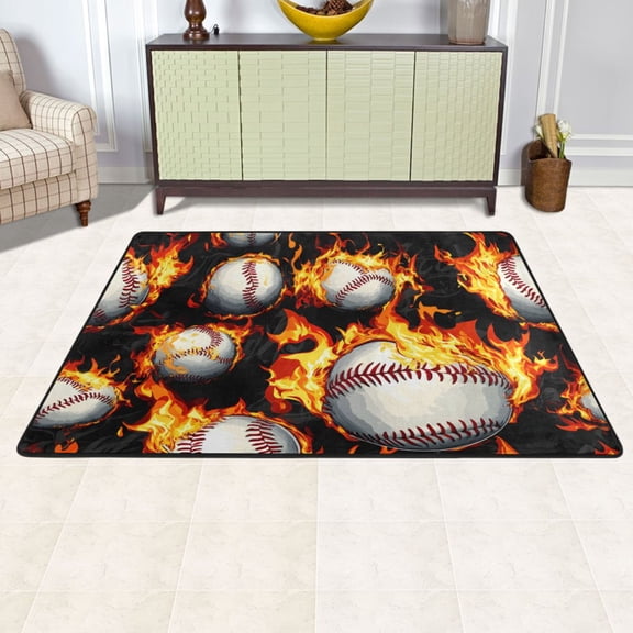 Ryvnso Baseball with Fire Area Floor Mats Large Nursery Rugs Non-Slip Carpets Doormat 72" x 48"