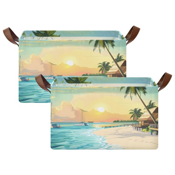 Ryvnso Beach with Palm Trees Storage Bins Large Basket Foldable Cube Toys Organizer with Handles 2 PCs