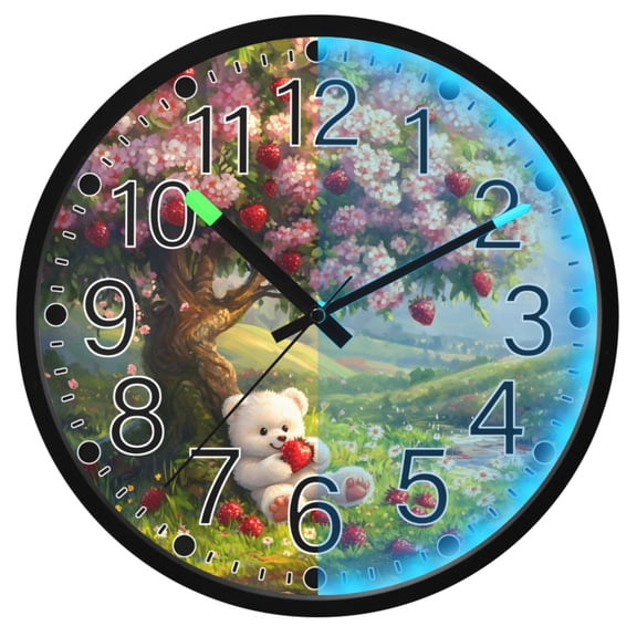 Ryvnso Bear and Strawberry 12 Inch Night Light Wall Clock Silent Battery Operated Luminous Clocks