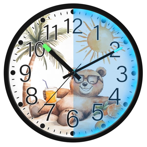 Ryvnso Bear on Beach 12 Inch Night Light Wall Clock Silent Battery Operated Luminous Clocks