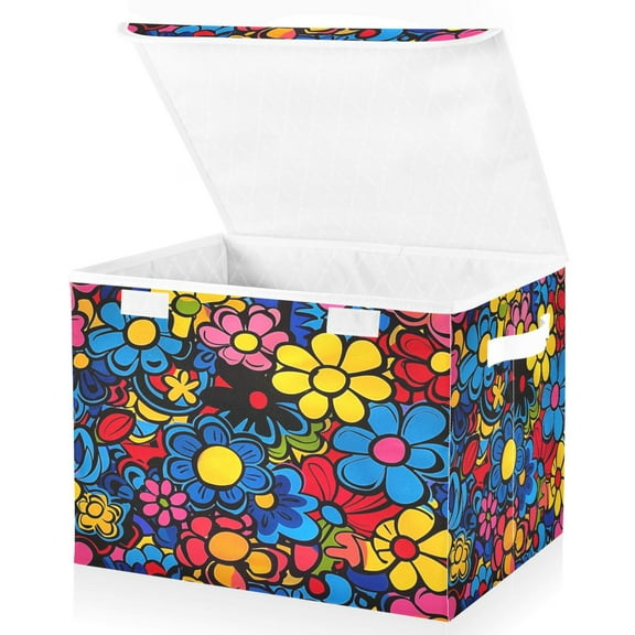 Ryvnso Beautiful Flowers Large Lidded Foldable Storage Baskets Cubes Boxes Lids Bin for Home