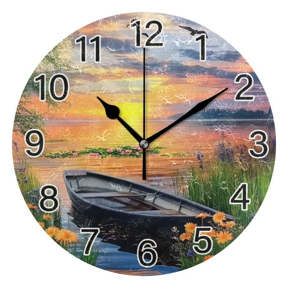 Ryvnso Beautiful Lake with Boat Wall Clock Non Ticking Silent Kitchen Clock Battery Operated Clocks 10 inch