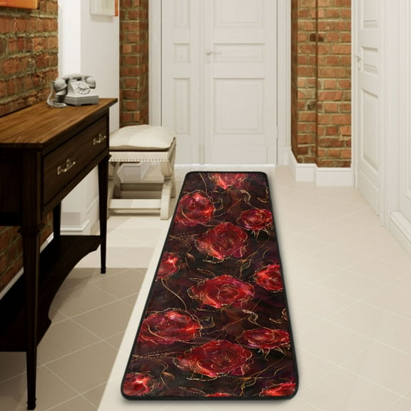Ryvnso Beautiful Red Rose Flower Hallway Runner Rugs Floor Carpet Non Slip Entryway Mat 2' x 6'