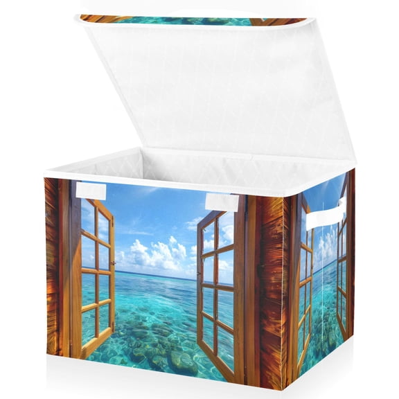 Ryvnso Beautiful Sea Outside Window Large Lidded Foldable Storage Baskets Cubes Boxes Lids Bin for Home