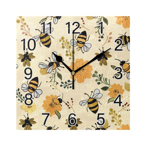Ryvnso Bee Flying on Flowers Wall Clock Square Silent Non-Ticking Battery Operated 7.78"