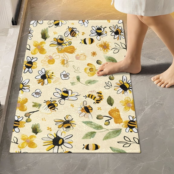 Ryvnso Bee and Floral Bathroom Shaggy Rugs Toilet Rectangle Mat Soft Contour Rug 24"x16"