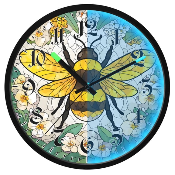 Ryvnso Bee in Bohemia Flower 12 Inch Night Light Wall Clock Luminous Silent Battery Operate Clocks