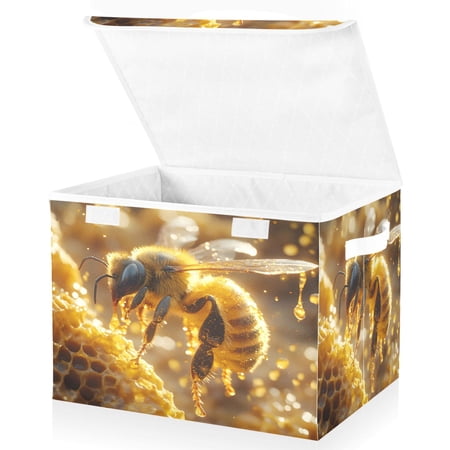 Ryvnso Bees Honey Large Lidded Foldable Storage Baskets Cubes Boxes Lids Bin for Home
