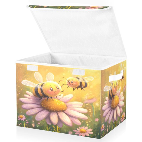 Ryvnso Bees on Daisy Flower Paint Large Lidded Foldable Storage Baskets Cubes Boxes Lids Bin for Home