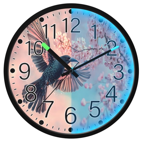 Ryvnso Bird Cherry Blossom 12 Inch Night Light Wall Clock Silent Battery Operated Luminous Clocks