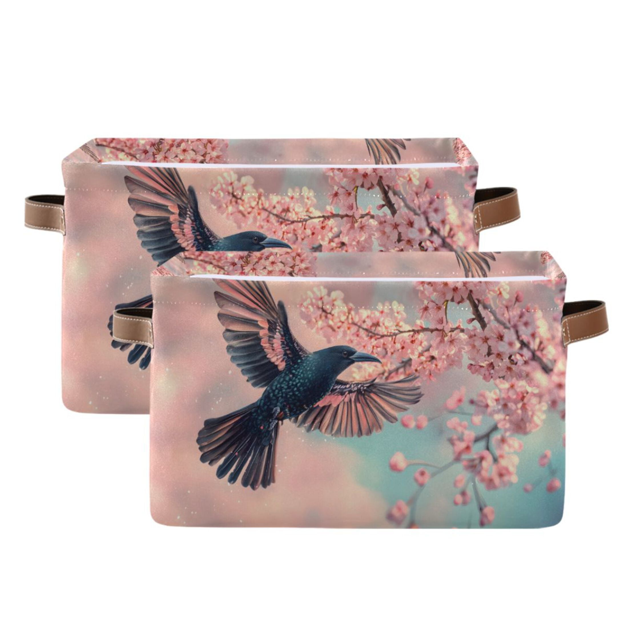 Ryvnso Bird Cherry Blossom Storage Basket Large Bin Foldable Boxes Toys Organizer 14.2x10.2x8.3in 2 PCs