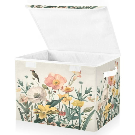 Ryvnso Bird on Elegant Peony Flower Large Lidded Foldable Storage Baskets Cubes Boxes Lids Bin for Home