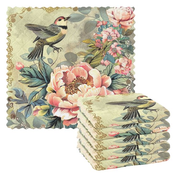 Ryvnso Bird on Peony Flower Kitchen Towels Dish Clothes for Drying Dishes Cleaning Absorbent Set of 6