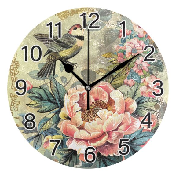 Ryvnso Bird on Peony Flower Wall Clock Non Ticking Silent Kitchen Clock Battery Operated Clocks 10 inch