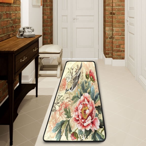 Ryvnso Bird on Peony Retro Flower Hallway Runner Rugs Floor Carpet Non Slip Entryway Mat 2' x 6'
