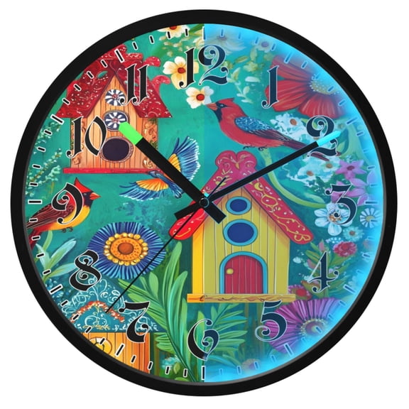 Ryvnso Birdhouses Flowers Cardinals 12 Inch Night Light Wall Clock Luminous Silent Battery Operate Clocks