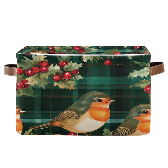 Ryvnso Birds Berries Checkered Storage Basket Large Bin Foldable Boxes Toys Organizer 14.2x10.2x8.3in 1 PC