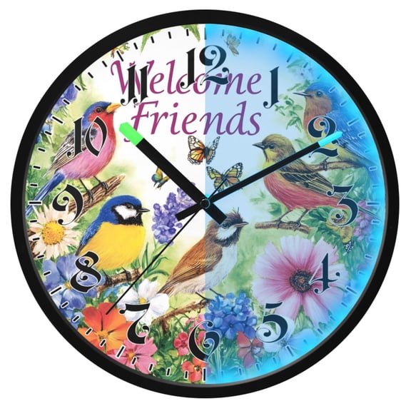 Ryvnso Birds Butterfly on Flowers 12 Inch Night Light Wall Clock Luminous Silent Battery Operate Clocks