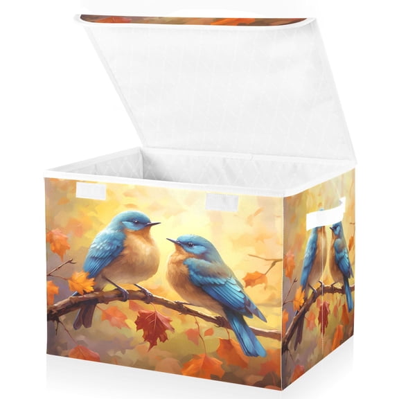 Ryvnso Birds on Autumn Leave Branch Large Lidded Foldable Storage Baskets Cubes Boxes Lids Bin for Home