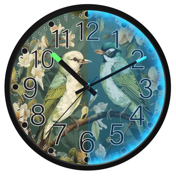 Ryvnso Birds on Floral 12 Inch Night Light Wall Clock Silent Battery Operated Luminous Clocks