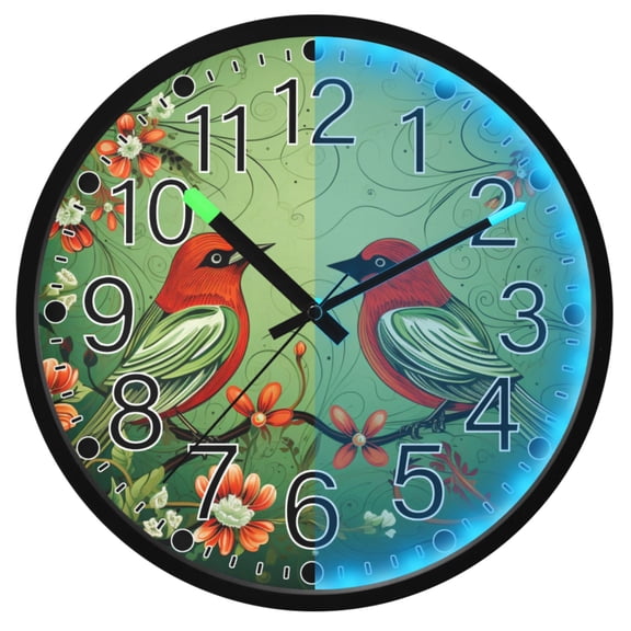 Ryvnso Birds on Floral Branch 12 Inch Night Light Wall Clock Silent Battery Operated Luminous Clocks
