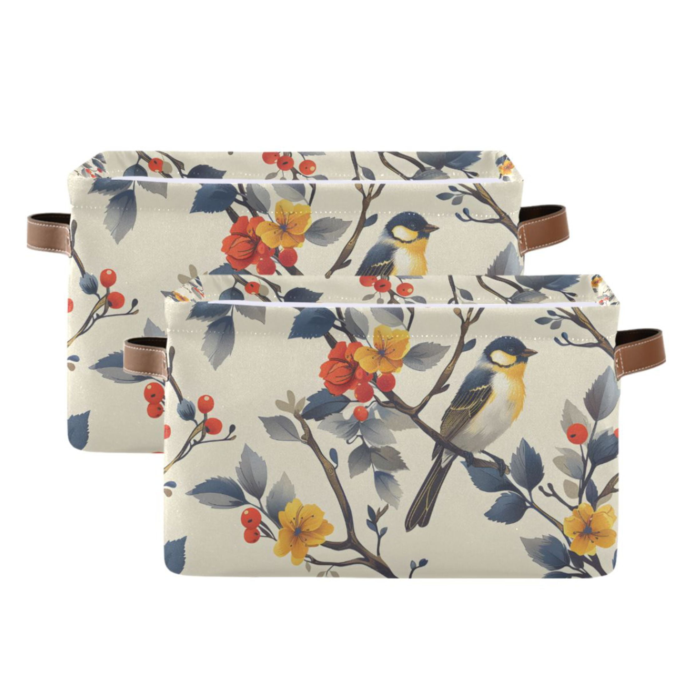 Ryvnso Birds on Tree Pattern Storage Basket Large Bin Foldable Boxes Toys Organizer 14.2x10.2x8.3in 2 PCs