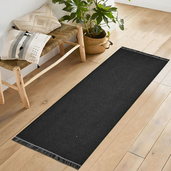 Ryvnso Black Bedroom Runner Rug 2'x6' Hallway Area Carpet Non Slip Entryway Mat with Tassels