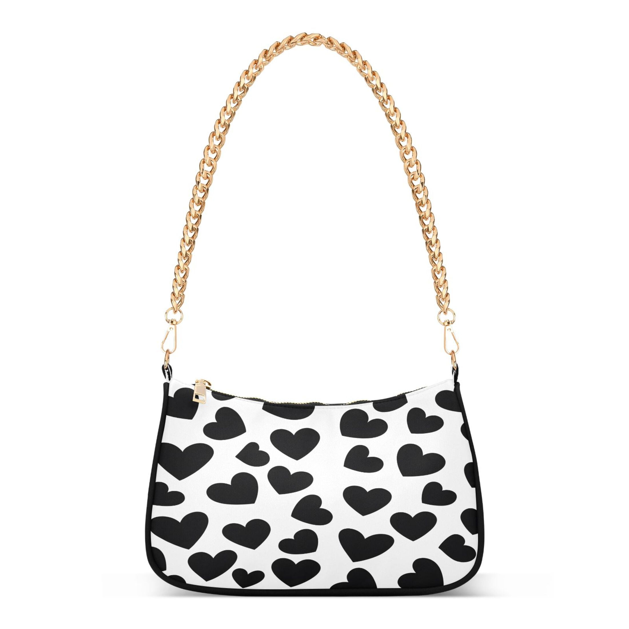 Ryvnso Black Heart Pattern Womens Chain Shoulder Bag Tote Handbags Clutch Hobo Purse with Zipper for Travel