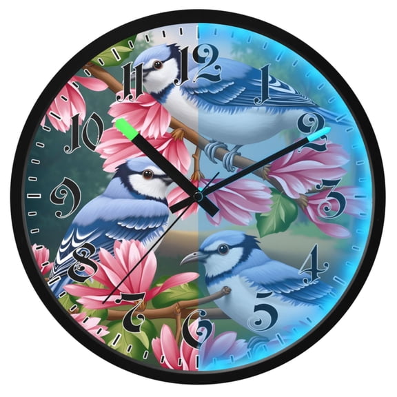 Ryvnso Blue Birds Blossom Flower 12 Inch Night Light Wall Clock Luminous Silent Battery Operate Clocks
