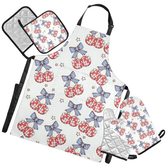 Ryvnso Blue Bows Disco Balls Kitchen Apron Oven Mitts Set Pot Holders