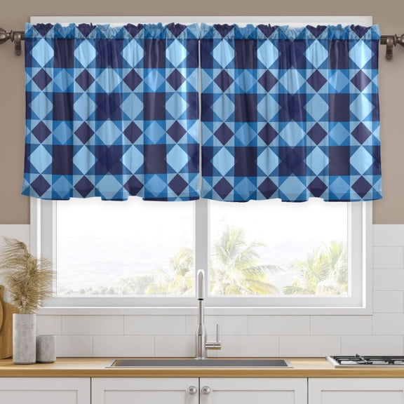 Ryvnso Blue Checkered Grid Pattern Curtains Sets Short Curtain Rod Pocket Half Window Cafe Farmhouse Tier 2 Panels 57"W x 24"L