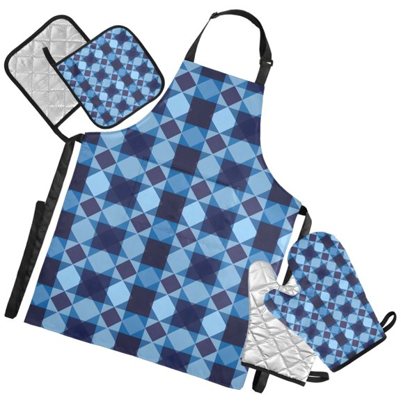 Ryvnso Blue Checkered Grid Pattern Kitchen Apron Oven Mitts Set Pot Holders