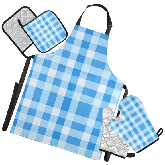 Ryvnso Blue Geometric Checkered Grid Pattern Kitchen Apron Oven Mitts Set Pot Holders