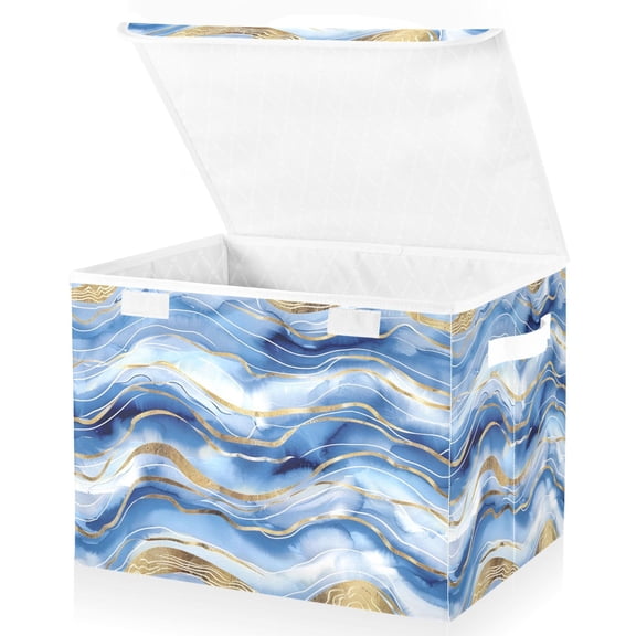 Ryvnso Blue Gold Marble Large Lidded Foldable Storage Baskets Cubes Boxes Lids Bin for Home