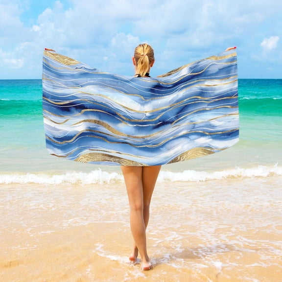 Ryvnso Blue Gold Marble Oversized Beach Towel Microfiber Bath Blankets Swimming Fitness 37" x 74"