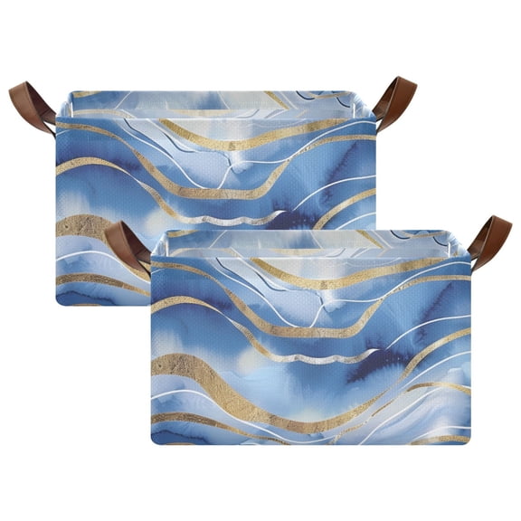 Ryvnso Blue Gold Marble Storage Bins Large Basket Foldable Cube Toys Organizer with Handles 2 PCs