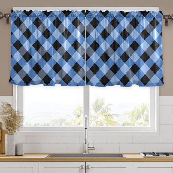 Ryvnso Blue Grid Checkered Pattern Curtains Sets Short Curtain Rod Pocket Half Window Cafe Farmhouse Tier 2 Panels 57"W x 24"L