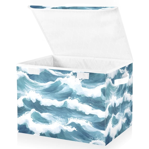 Ryvnso Blue View Sea Large Lidded Foldable Storage Baskets Cubes Boxes Lids Bin for Home