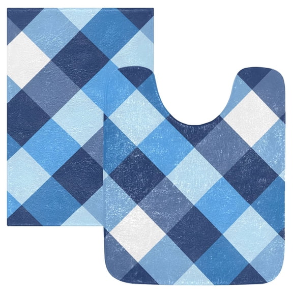 Ryvnso Blue White Checkered Grid Pattern Bathroom Shaggy Rugs Toilet Mat Soft Contour Rug