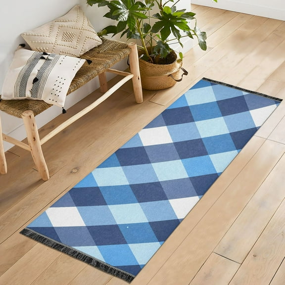 Ryvnso Blue White Checkered Grid Pattern Bedroom Runner Rug 2'x6' Hallway Area Carpet Non Slip Entryway Mat with Tassels