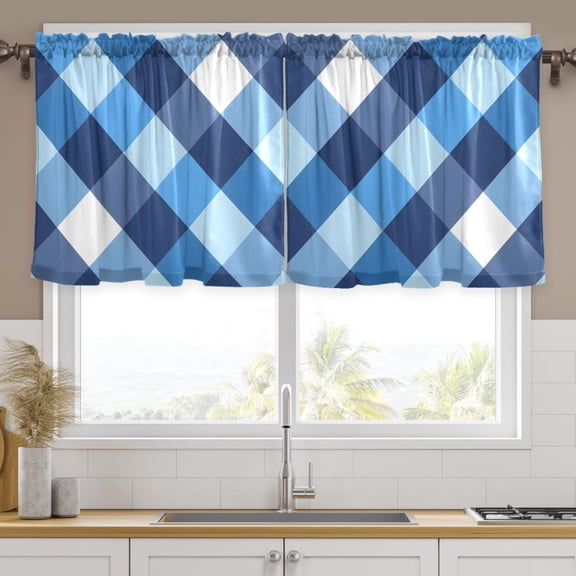 Ryvnso Blue White Checkered Grid Pattern Curtains Sets Short Curtain Rod Pocket Half Window Cafe Farmhouse Tier 2 Panels 57"W x 24"L