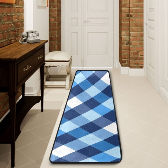 Ryvnso Blue White Checkered Grid Pattern Hallway Runner Rugs Floor Carpet Non Slip Entryway Mat 2' x 6'