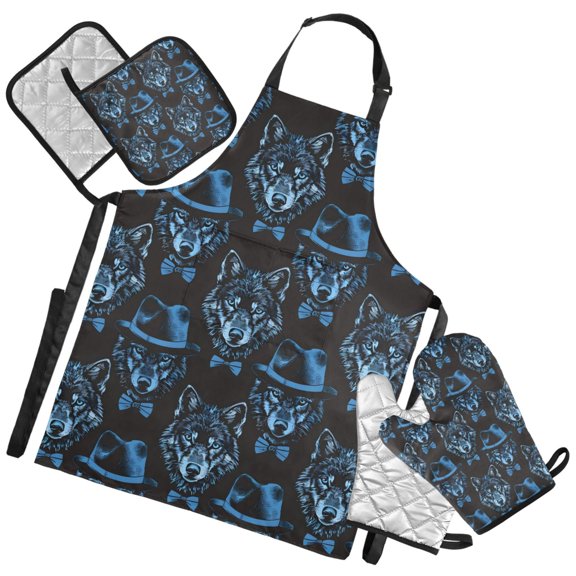 Ryvnso Blue Wolf with Hats Kitchen Apron Oven Mitts Set Pot Holders