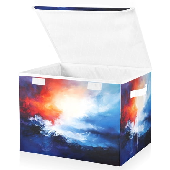 Ryvnso Blue and Orange Marble Large Lidded Foldable Storage Baskets Cubes Boxes Lids Bin for Home